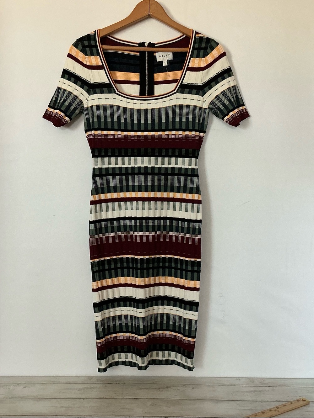 Milly Striped Scoop-Neck Midi Dress in Cream, Burgundy & Green